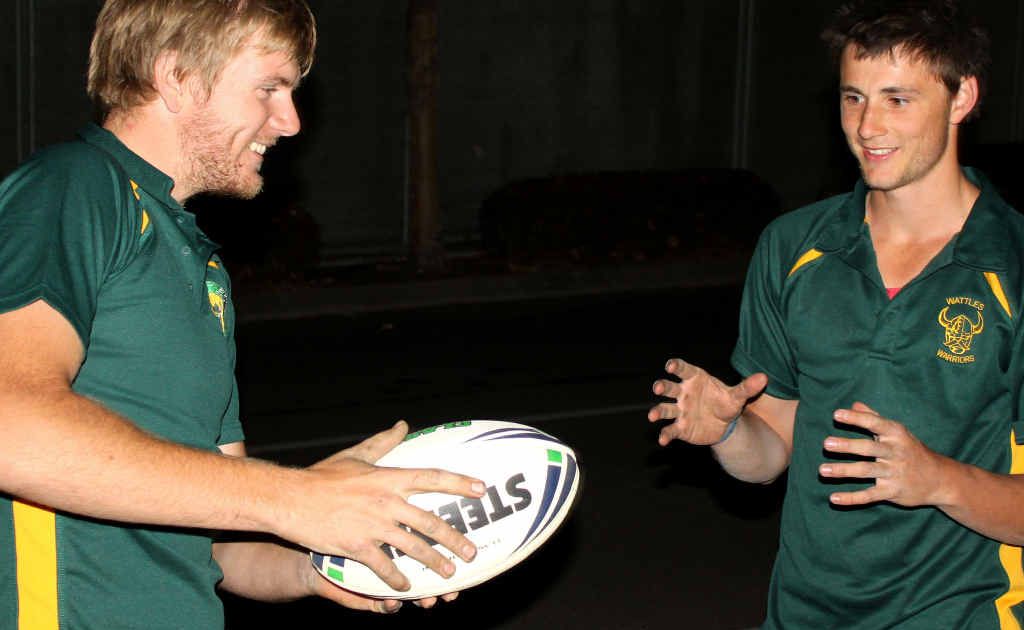 Wattles Warriors players Lauchlan Hoey and Jordan Henry take every opportunity they can get to practice for their game against Souths tomorrow. Wattles Warriors players Lauchlan Hoey and Jordan Henry take every opportunity they can get to practice for their game against Souths tomorrow.